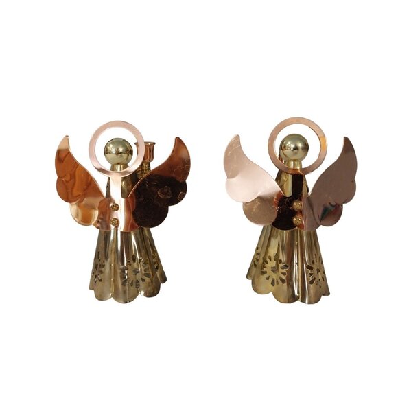 Vintage Christmas Set of 2 Brass And Copper Angel Candle Holders - Picture 3 of 6